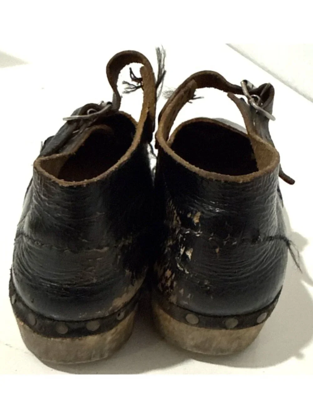 Antique Victorian Handmade Black Leather Wood Mary Jane Child Clogs Shoes Size 8